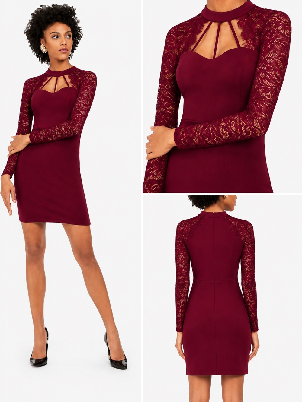 GUESS Red/Burgundy Lace Sleeve Cutout Bodycon Dress